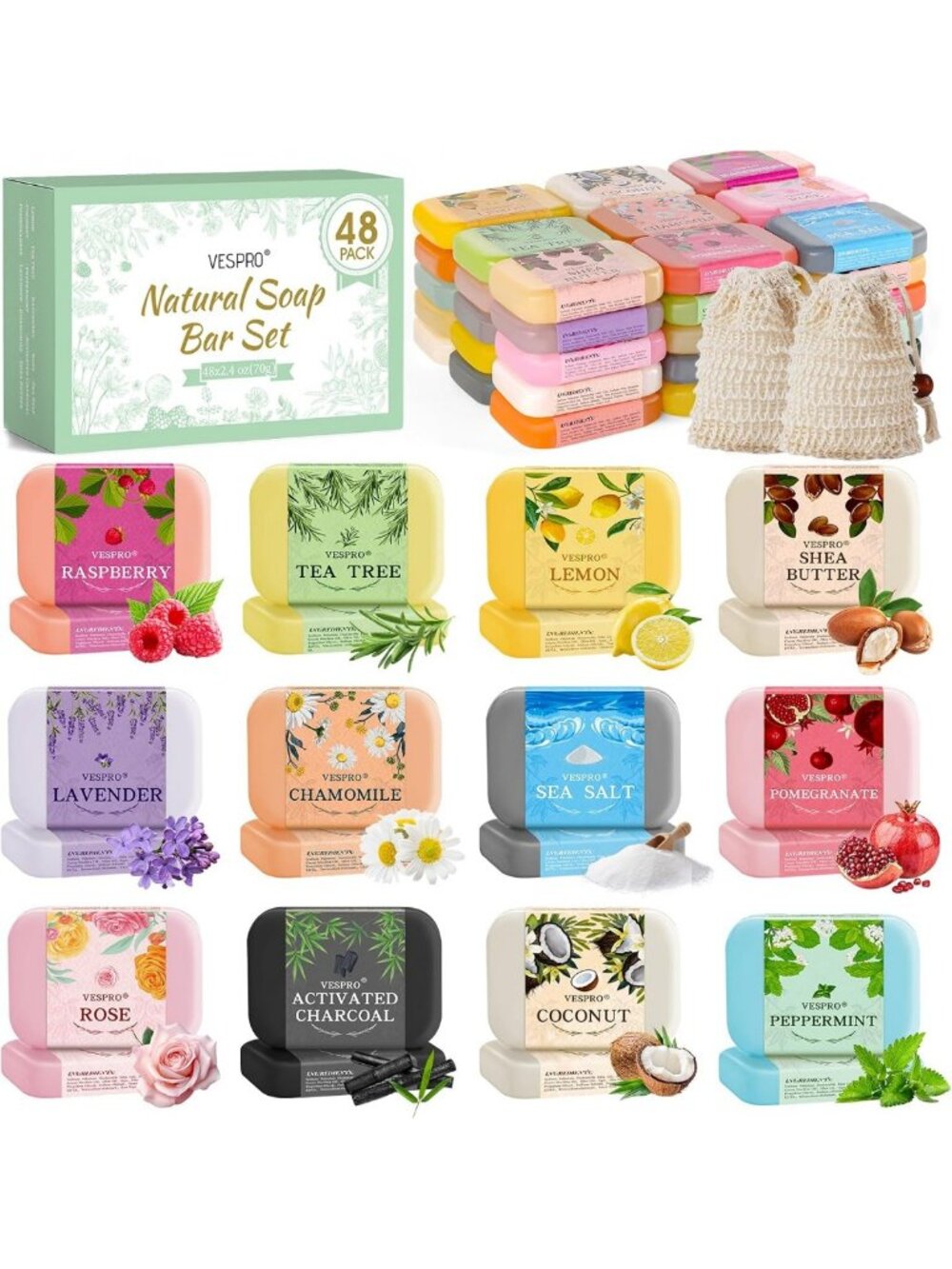 48 Pack Handmade Natural Bar Soap Bulk - Olive Extract Body Wash Gifts